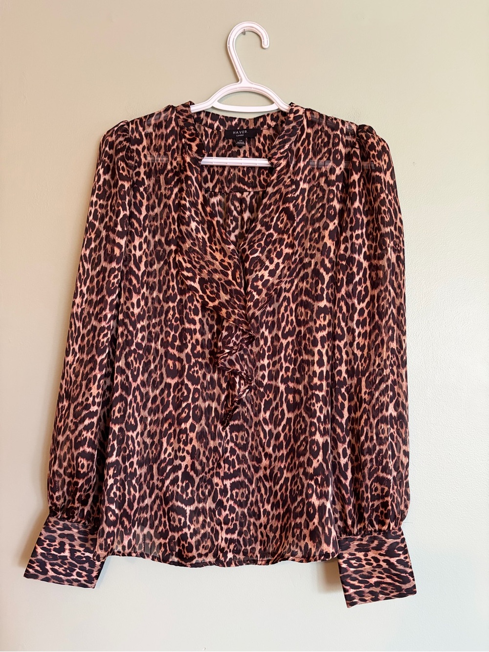 Haver London Leopard Print Blouse Womens Small Sheer Ruffle V-Neck Mob Wife Top